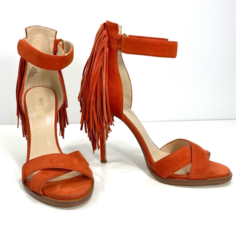 Nine West Hustle Orange Suede Leather Fringe Strappy Stilettos Heels Sandals 7 - Picture 4 of 12